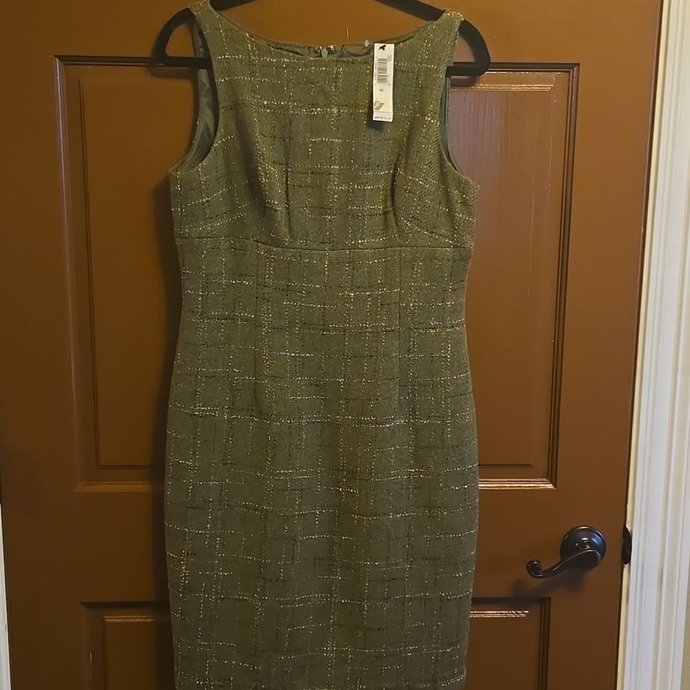 Laundry-Wool blend olive green sleeveless plaid straight dress Size 10. NWT. - Picture 2 of 11